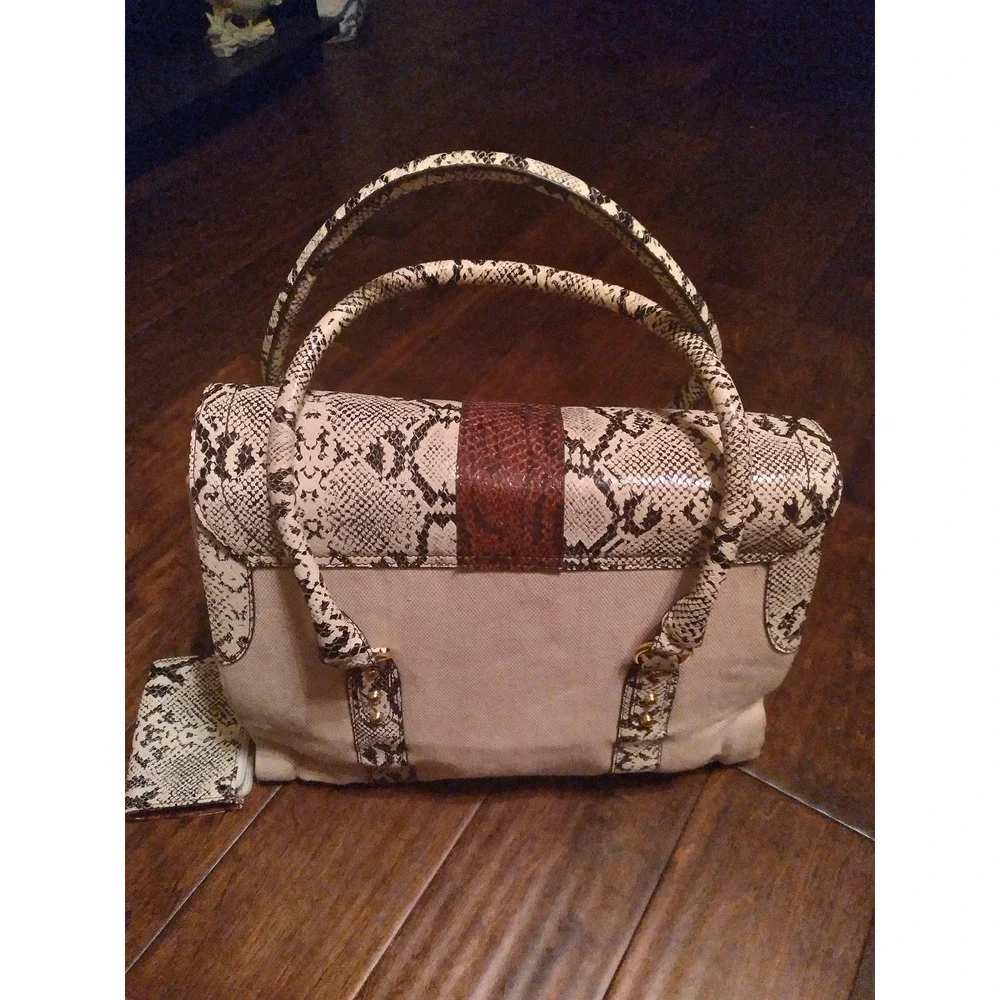 DOLCE &‎ GABBANA Snakeskin Print Satchel Handbag Brown Trim Card Case